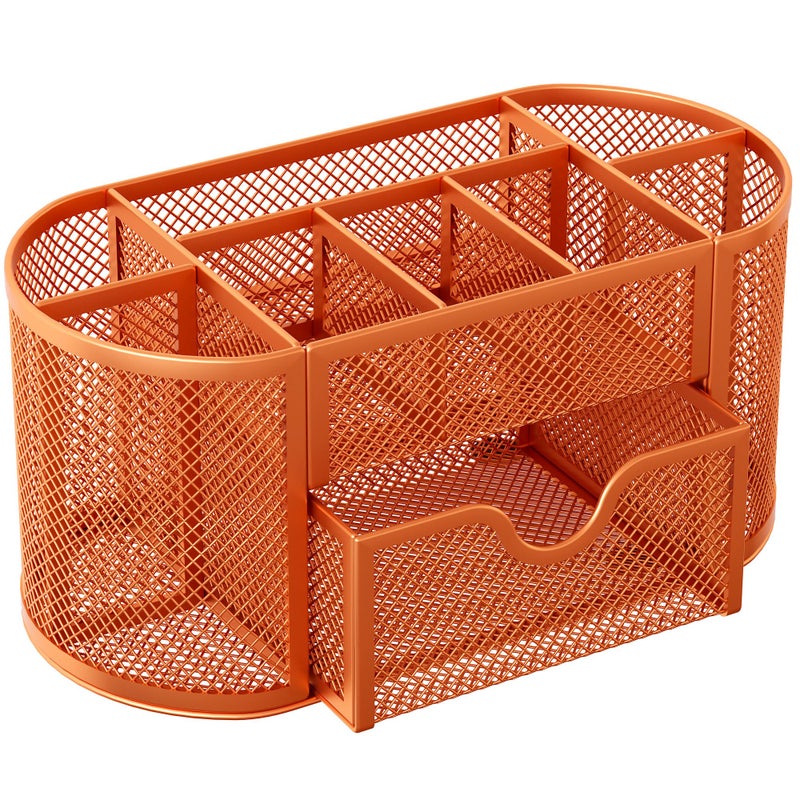 EasyPAG Mesh Pen Holder Desk Organizer with Drawer Stationery Supplies Organizer for Dorm School 9 Compartments Workspace Desk Accessories Organization for Office, Orange - Image 2